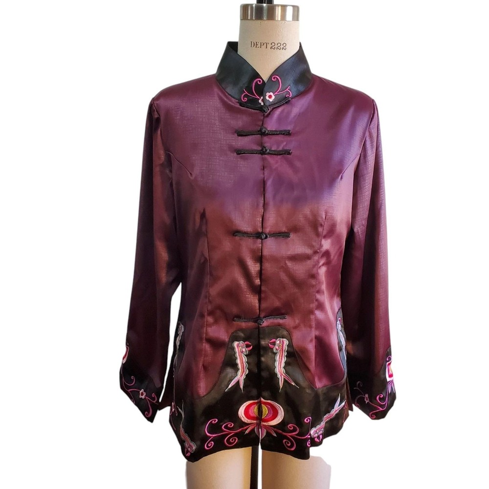 Vintage Oriental Plum Embroidered Mandarin Collar Jacket Size M‎
